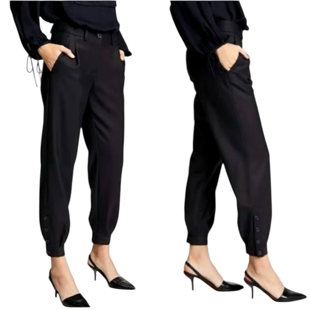 Nili Lotan | Women’s Bertina Black Pleated Button Ankle Jogger Pants Size 10